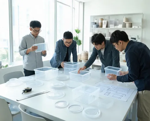 Product design team reviewing storage bins