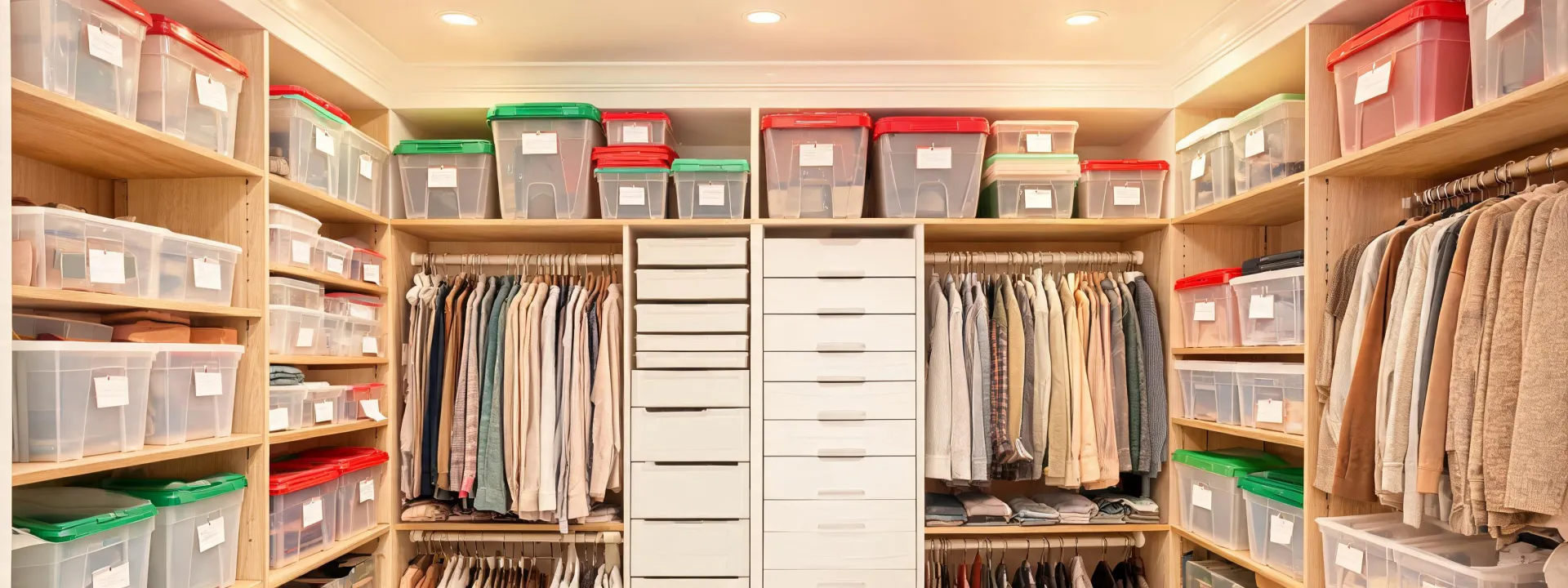 Organized closet with labeled storage bins