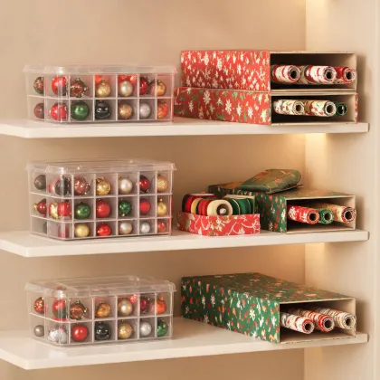 Seasonal ornament storage cases on a shelf