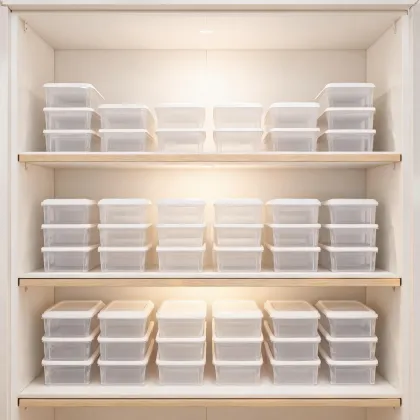 Clear storage boxes stacked on closet shelving