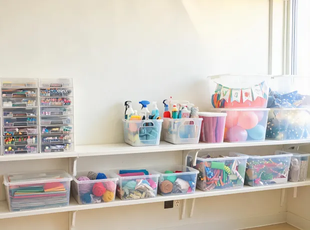 Community room supplies organized in bins