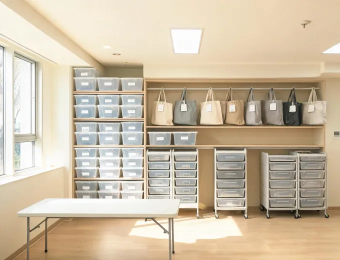 Community room supply storage with drawers and bins
