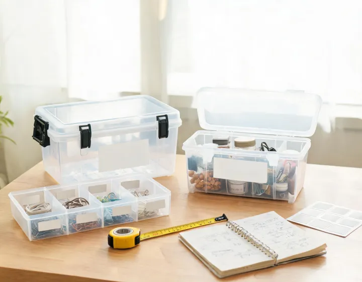 Storage planning table with bins and labels